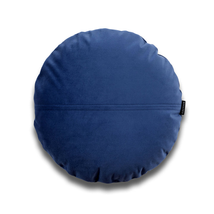 Double sided royal blue velvet with a whit velvet piping detailing to the seam. 40x40cm round cushion.