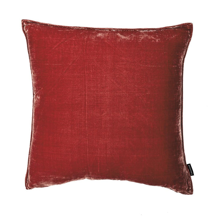 50x50cm double sided coral red silk velvet with a 5mm closed flange detailing to the seam.