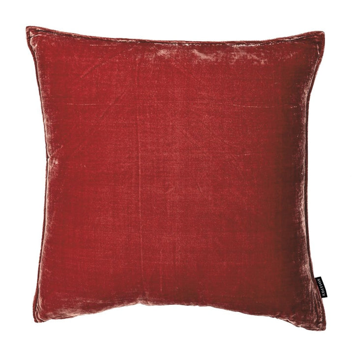 60x60cm double sided coral red silk velvet with a 5mm closed flange detailing to the seam.