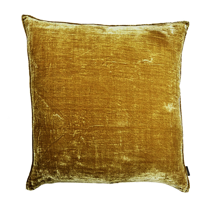 Double sided Chartreuse silk velvet with a 5mm closed flange detailing to the seam. 50x50cm square cushion.