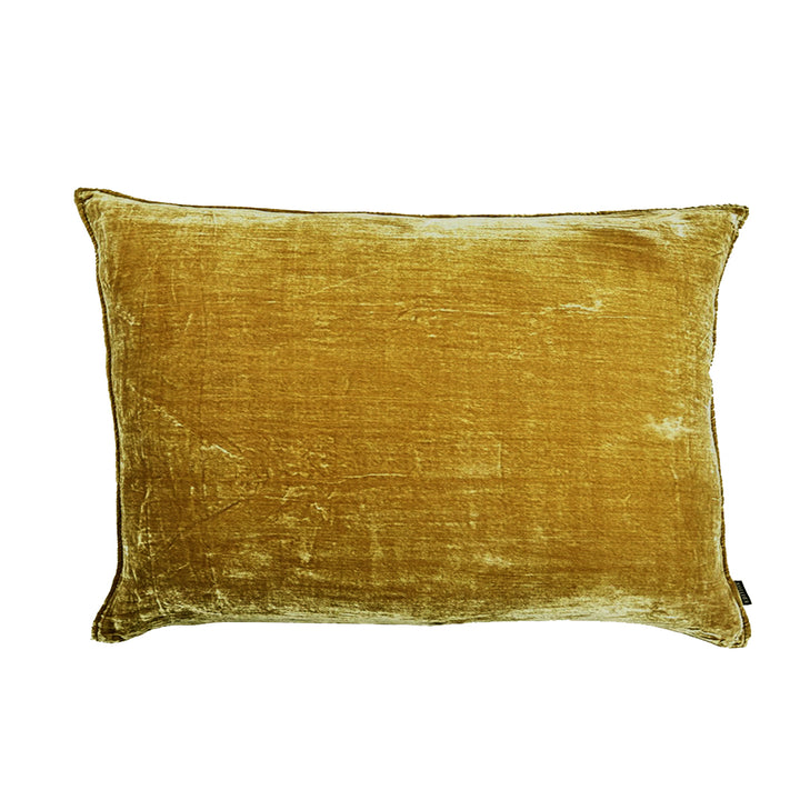 Double sided Chartreuse silk velvet with a 5mm closed flange detailing to the seam. 60x40cm rectangular cushion.