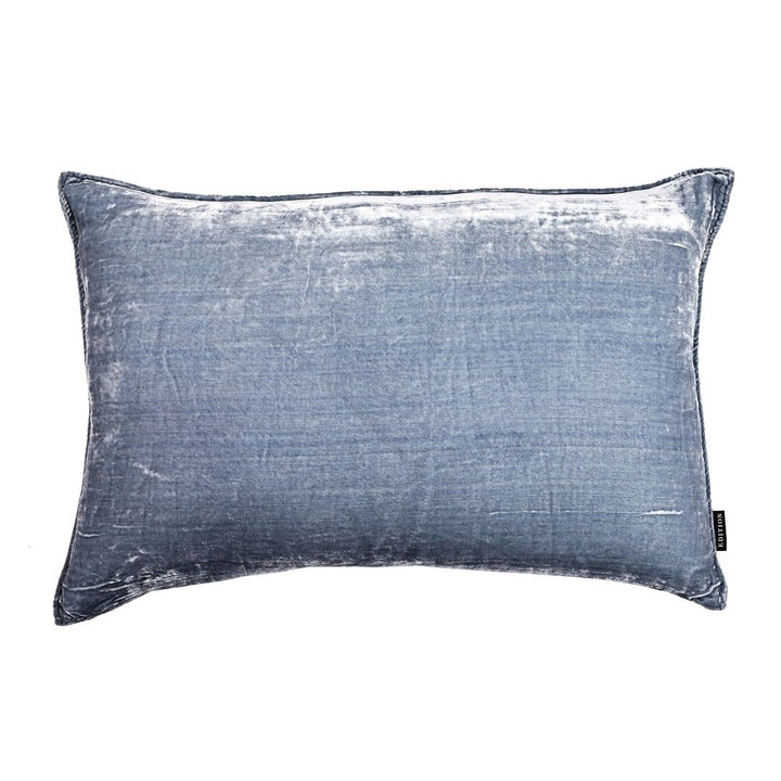 Double sided powder blue silk velvet with a 5mm closed flange detailing to the seam. 60x40cm square cushion.