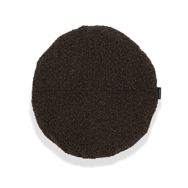 40cm round cushion in truffle. Double sided chocolate boucle with a 5mm closed flange