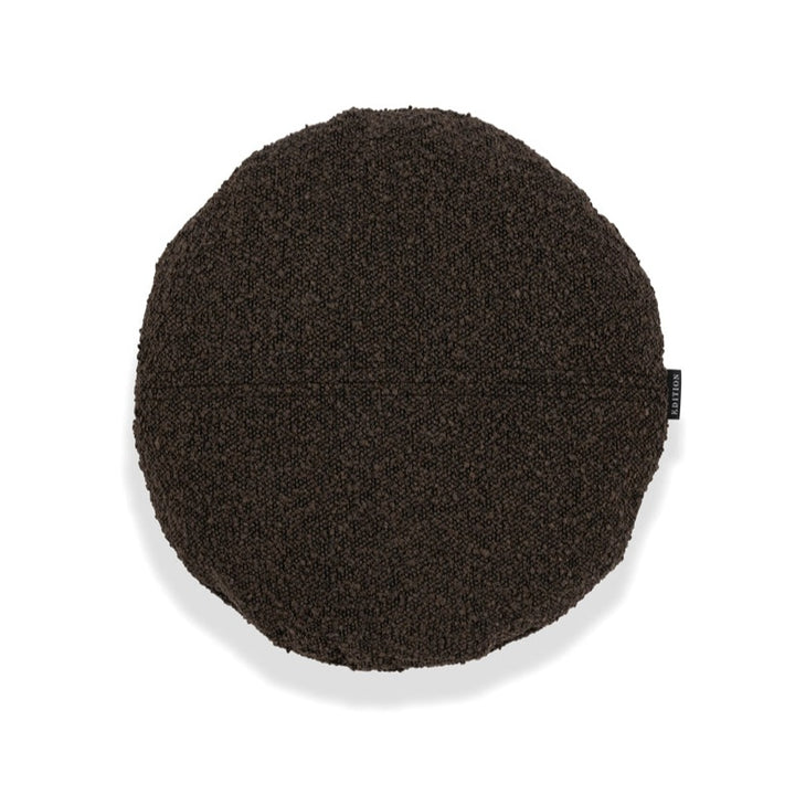 40cm round cushion in truffle. Double sided chocolate boucle with a 5mm closed flange