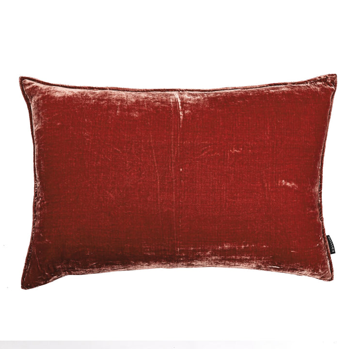 60x40cm double sided coral red silk velvet with a 5mm closed flange detailing to the seam.