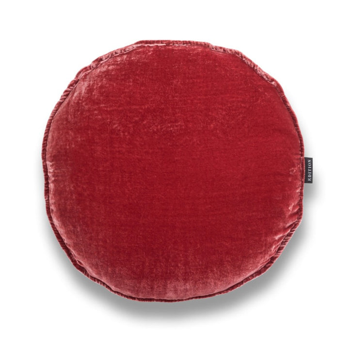 40cm round double sided coral red silk velvet with a 5mm closed flange detailing to the seam.