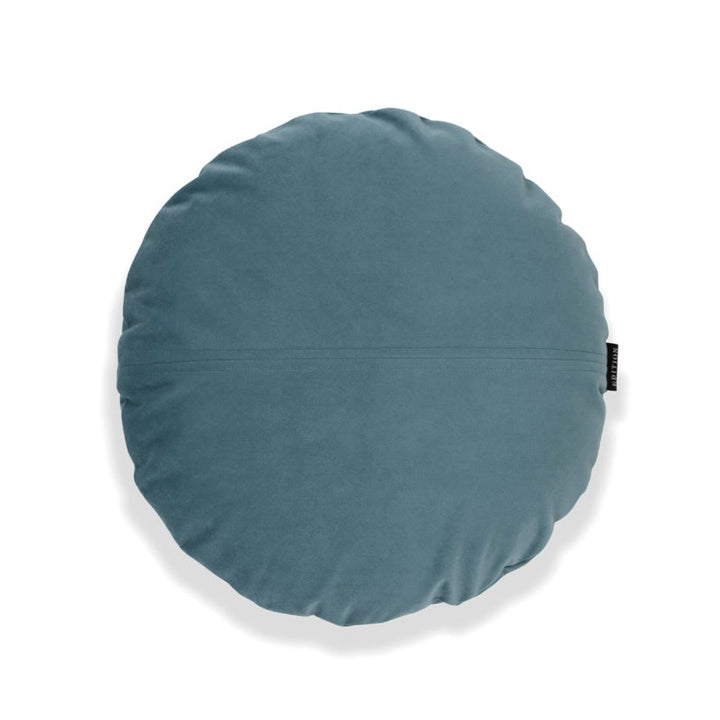 Double sided turquoise blue velvet with a 5mm closed flange detailing to the seam. 40x40cm round cushion.