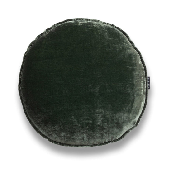 40cm round double sided moss green silk velvet with a 5mm closed flange detailing to the seam.