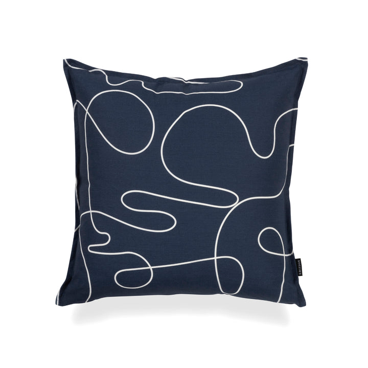 100% navy and white Belgian linen with a 5mm closed flange detailing to the seam and an exposed brass zip.