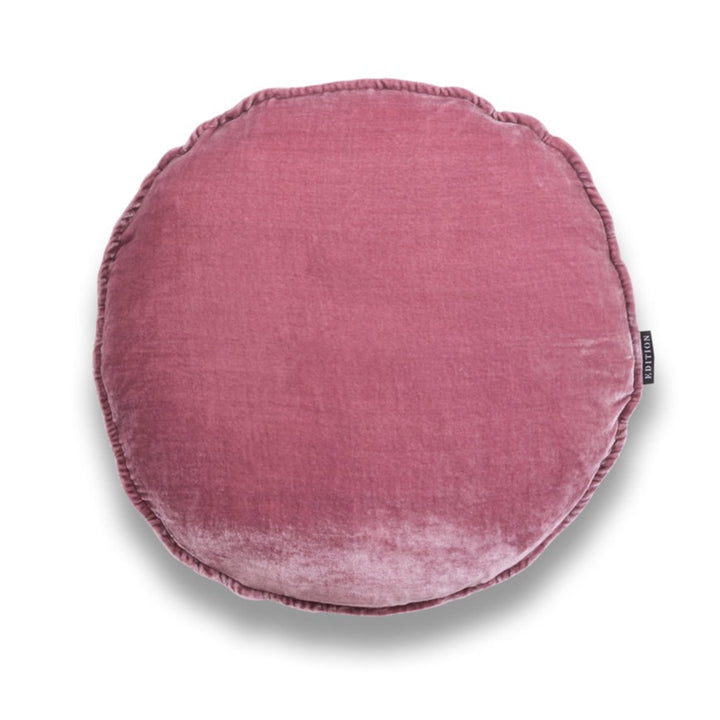 40cm round double sided rose pink silk velvet with a 5mm closed flange detailing to the seam.