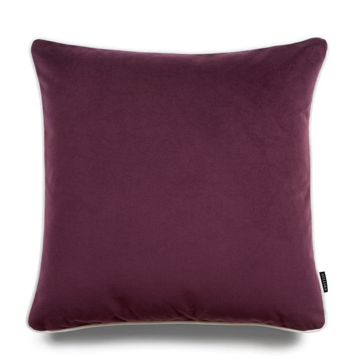 Double sided plum velvet with a white velvet piping detailing to the seam. 50x50cm square cushion.