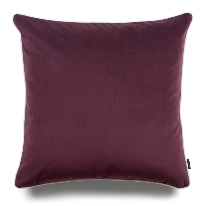 Double sided plum velvet with a white velvet piping detailing to the seam. 60x60cm square cushion.