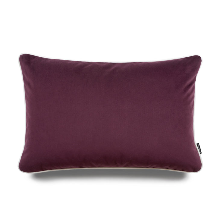 Double sided plum velvet with a white velvet piping detailing to the seam. 60x40cm rectangular cushion.