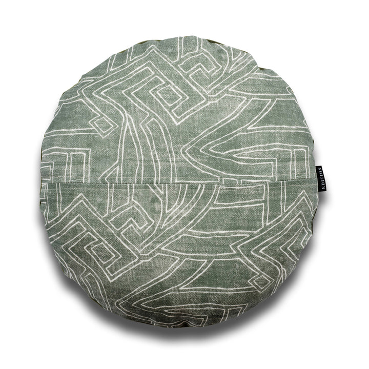 Moss green printed Belgian linen front, backed with pine green velvet. 40x40cm round cushion.