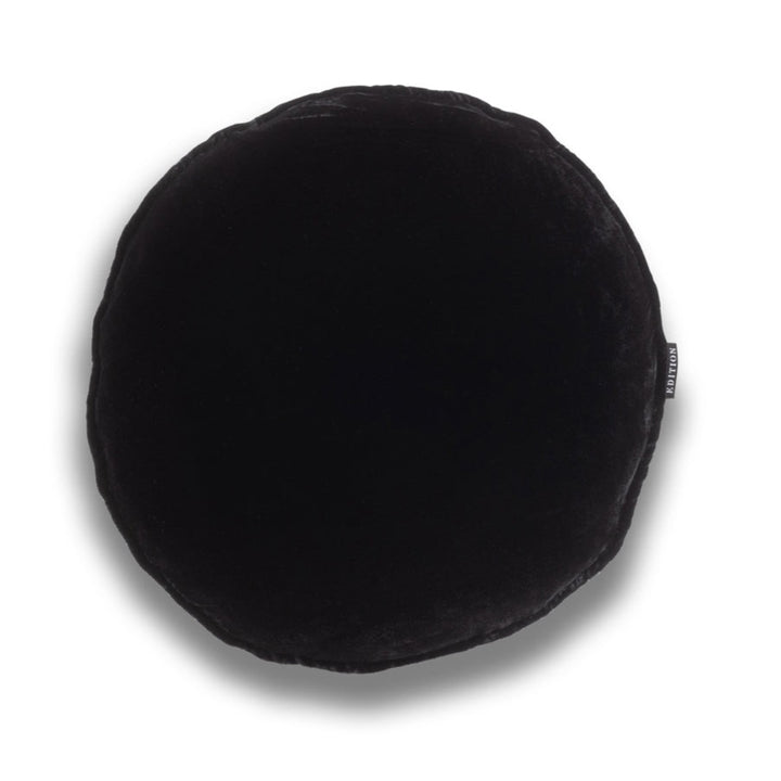 Double sided Jet black silk velvet with a 5mm closed flange detailing to the seam. 40x40cm round cushion.