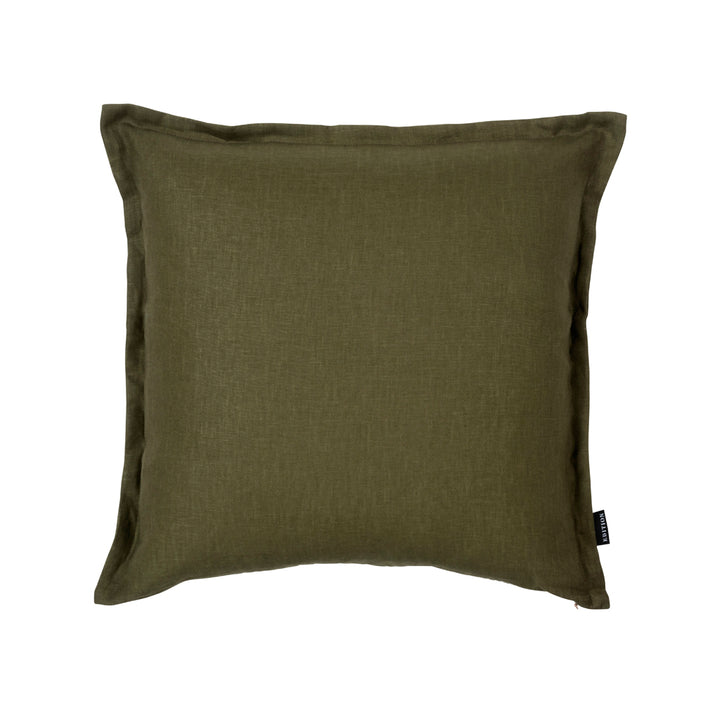 50x50cm double sided forest green linen with a 2cm closed flange detailing to the seam.