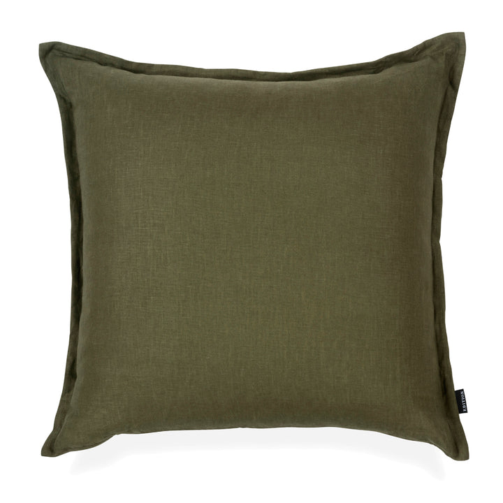 60x60cm double sided forest green linen with a 2cm closed flange detailing to the seam.