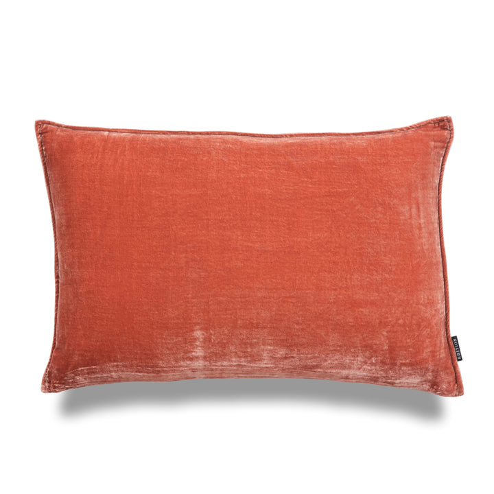 Double sided coral silk velvet with a 5mm closed flange detailing to the seam. 60x40cm