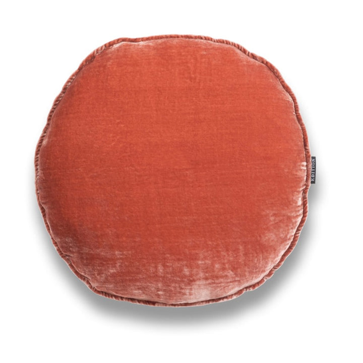 Double sided coral silk velvet with a 5mm closed flange detailing to the seam. 40x40cm round cushion.