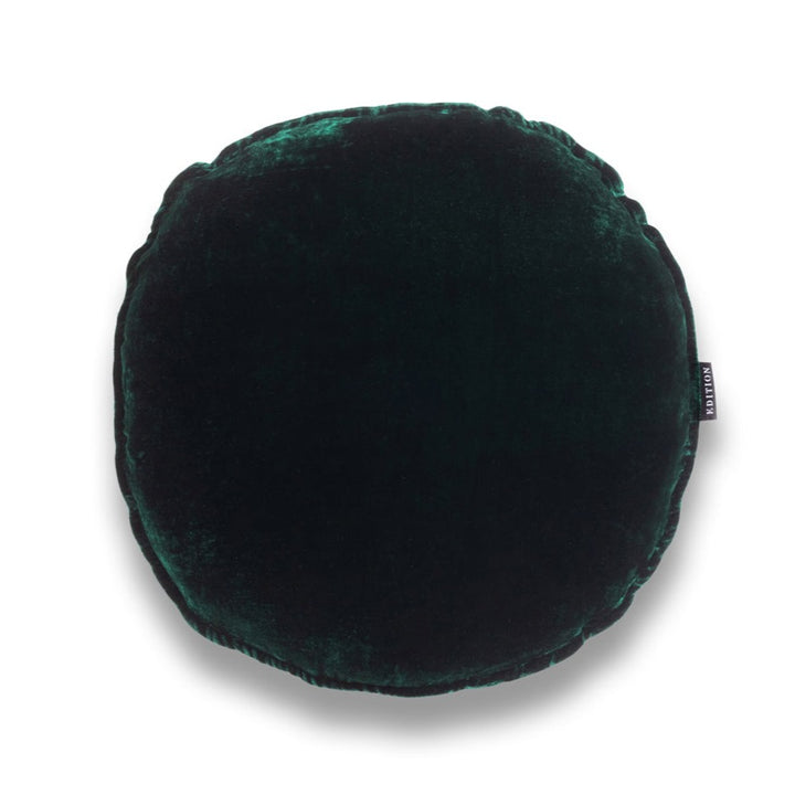 Double sided midnight green silk velvet with a 5mm closed flange detailing to the seam. 40x40cm round cushion.