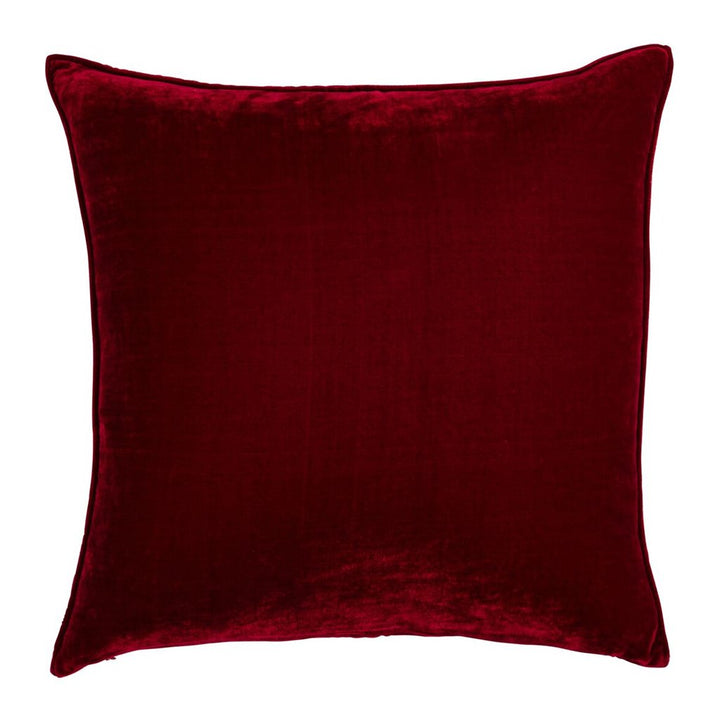 Double sided ruby red silk velvet with a 5mm closed flange detailing to the seam. 50x50cm square cushion.