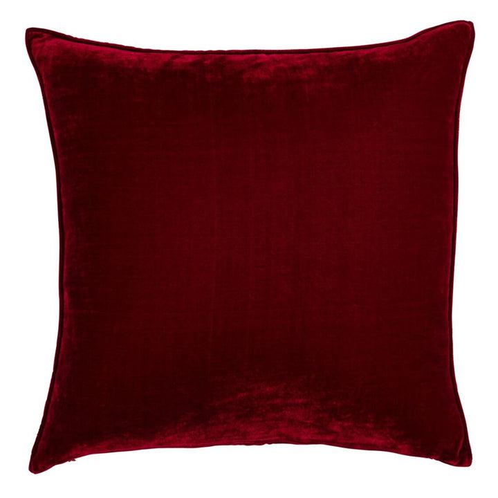 Double sided ruby red silk velvet with a 5mm closed flange detailing to the seam. 60x60cm square cushion.