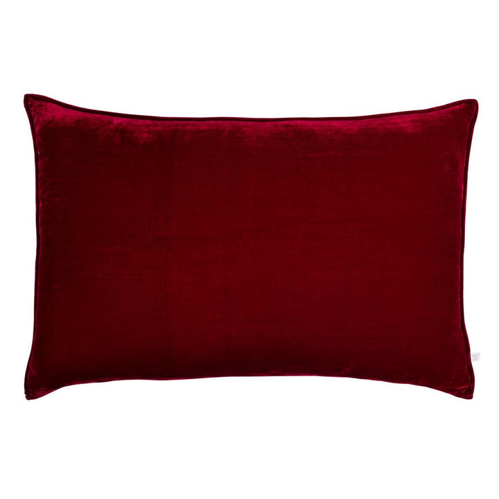 Double sided ruby red silk velvet with a 5mm closed flange detailing to the seam. 60x40cm cushion.