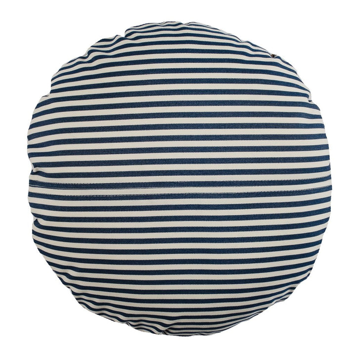 Designer outdoor cushion with a reversible design, navy and white stripe with a tan vegan leather reverse.
