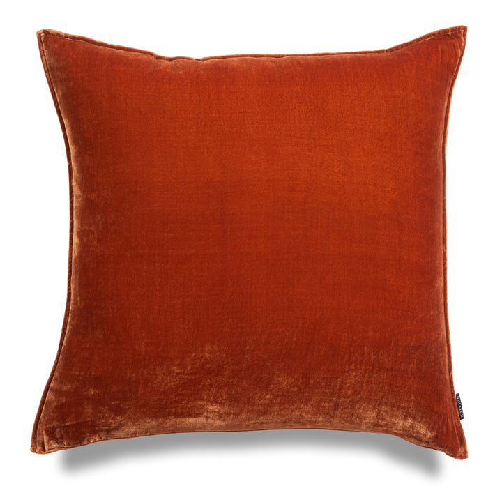 Double sided rust silk velvet with a 5mm closed flange detailing to the seam. 60x60cm square cushion.