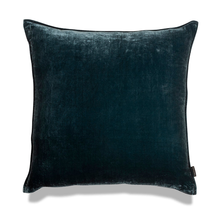 Double sided rain forest green silk velvet with a 5mm closed flange detailing to the seam. 60x60cm square cushion.