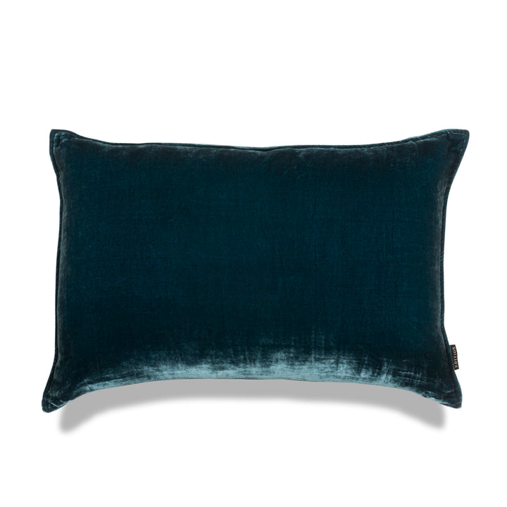 Double sided rain forest green silk velvet with a 5mm closed flange detailing to the seam. 60x40cm square cushion.