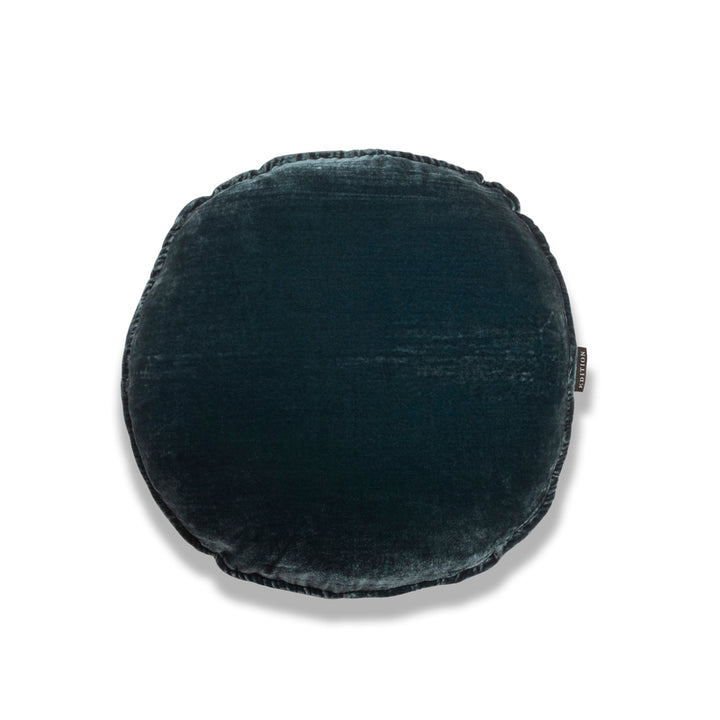 Double sided rain forest green silk velvet with a 5mm closed flange detailing to the seam. 40x40cm round cushion.
