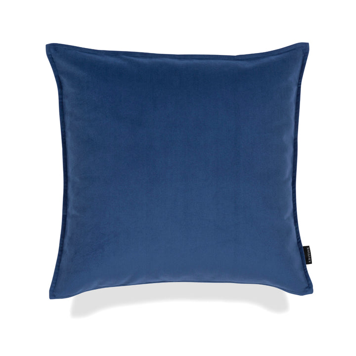 Double sided medieval blue velvet with a 5mm closed flange detailing to the seam. 50x50cm square cushion.