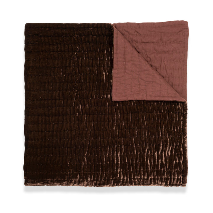 130cm x 250cm Chocolate brown throw created in a quilted plush silk velvet blend with a linen lining